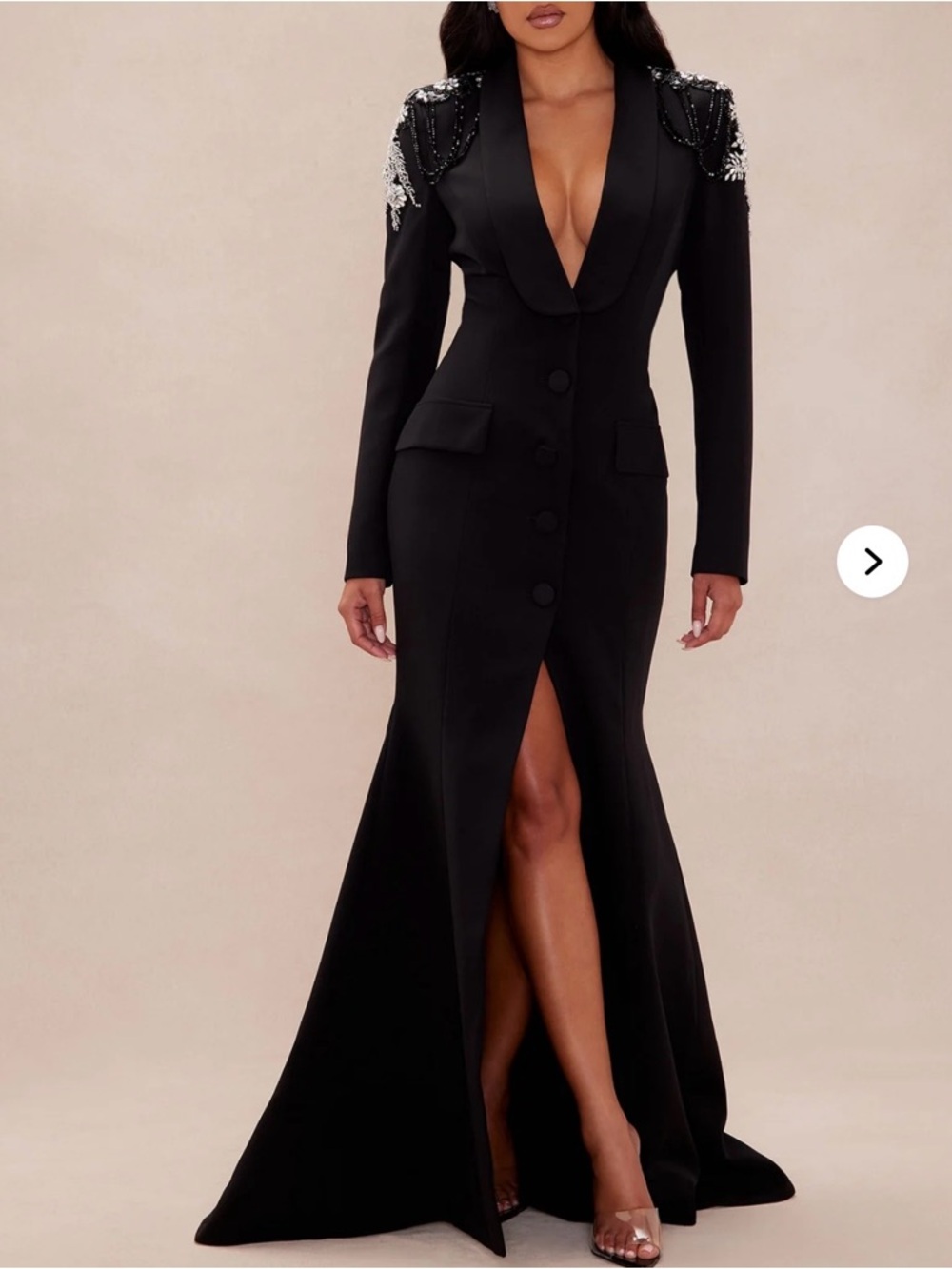 Black Embellished Shoulder Blazer Gown